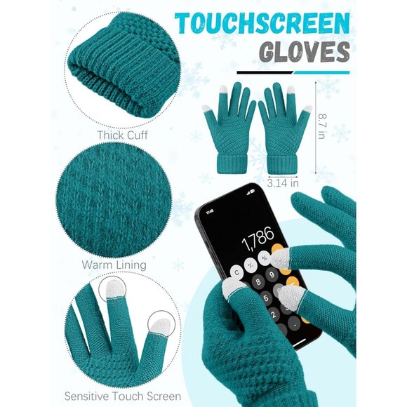 Women’s Blue Green Knit Beanie Hat, Gloves, Scarf & Ear Warmer Set - Winter - Picture 3 of 6